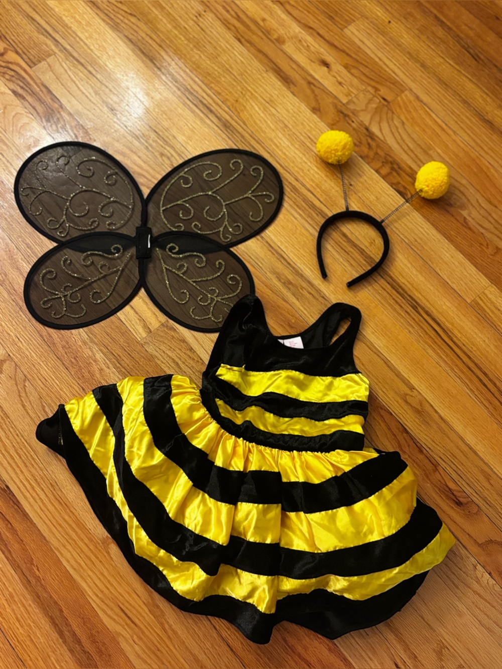 Bright Yellow & Black Bee Costume Dress with Wings and Antennae Headband